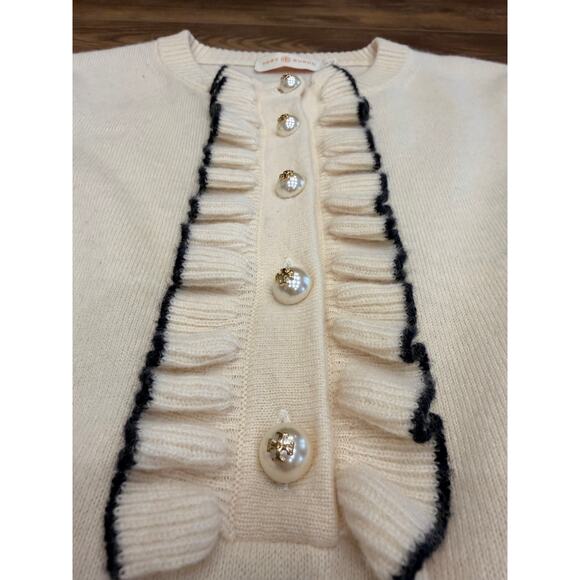 Tory Burch EMILY Cashmere Sweater Gold Logo Pearl Button Front Ivory White XS - Picture 6 of 12